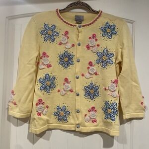 Berek Womens Cardigan Sweater Size Medium Yellow Beaded Poodle Flower Applique